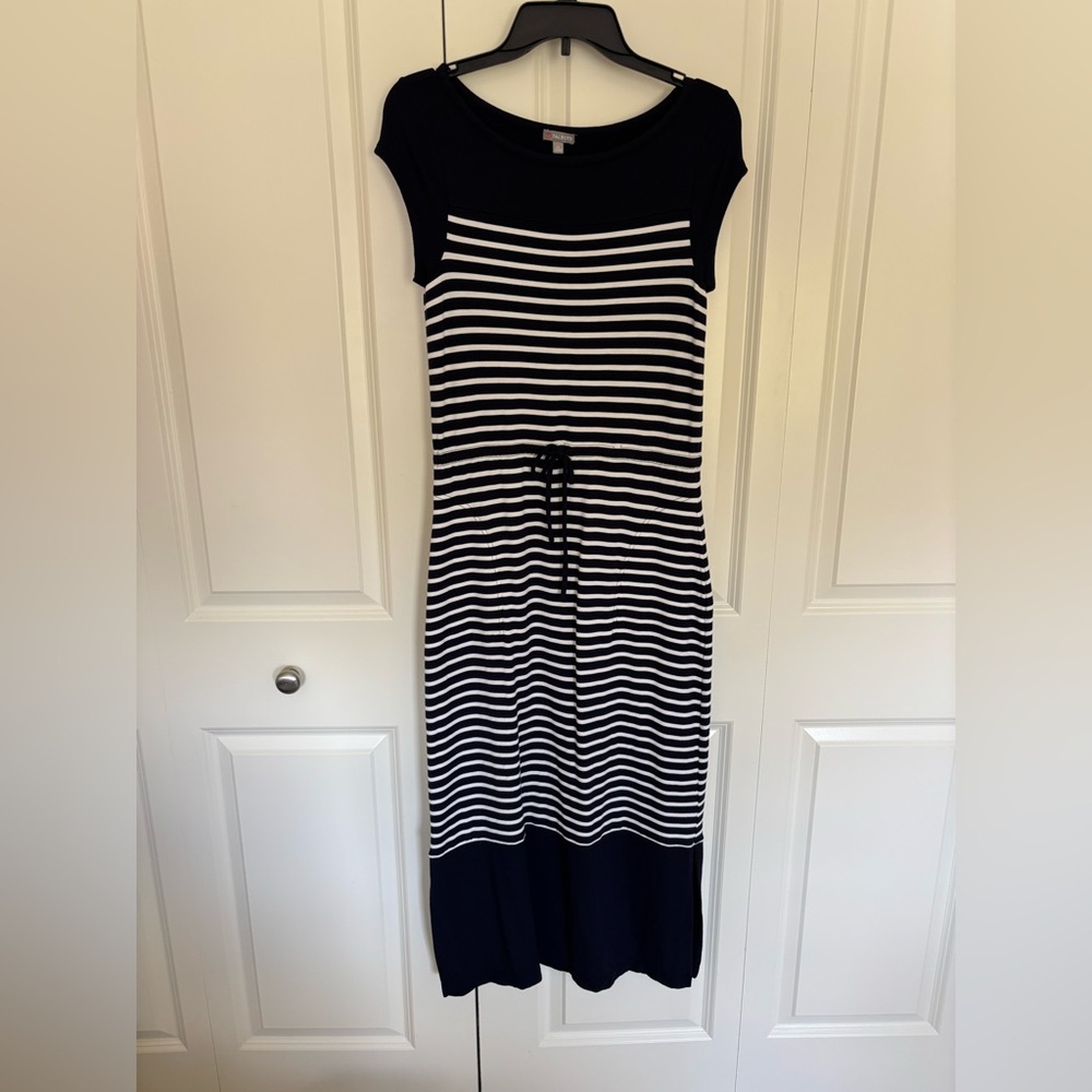 Talbots navy Striped Jersey Knit Short Sleeve Drawstring Waist Maxi Dress SP